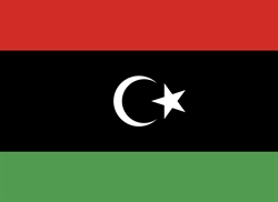 [ai] The flag of Libya featuring horizontal stripes of red, black, and green, with a white crescent and star centered on the black stripe.